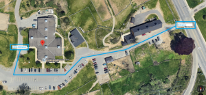 A birdseye view of the MSPCA at Nevins Farm that shows the clinic entrance